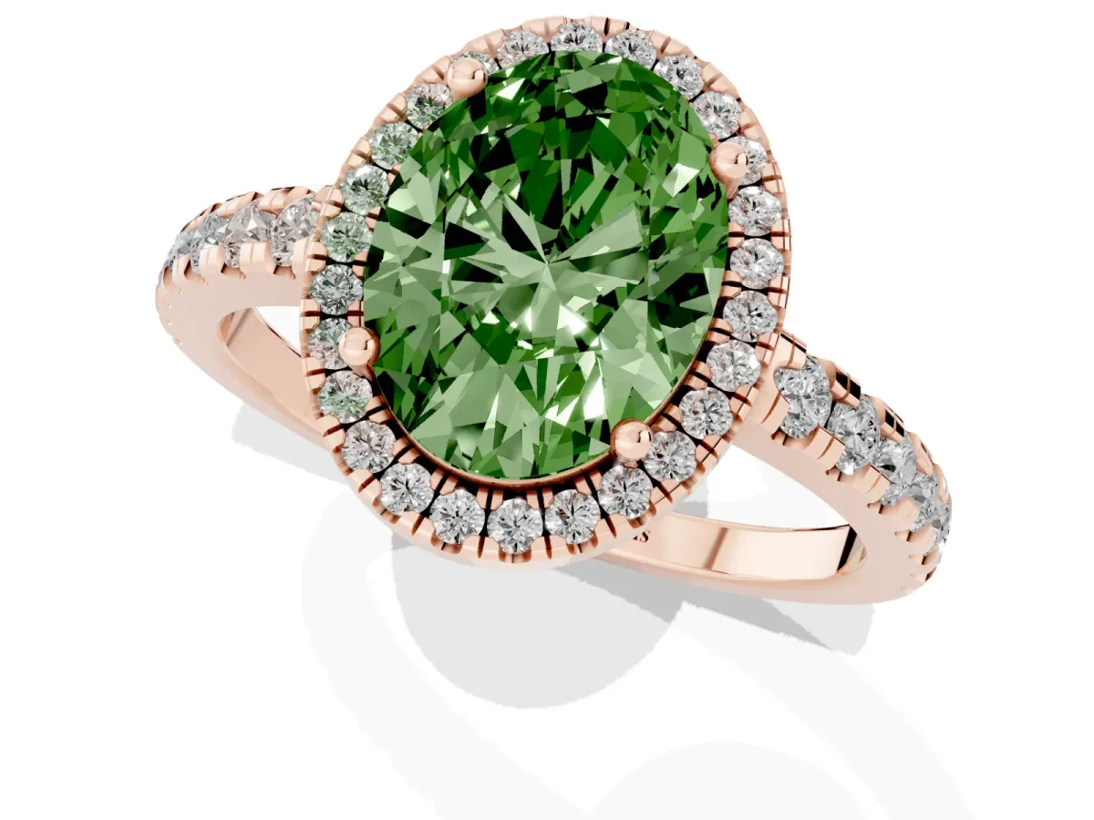 Fancy Green Oval Cut Diamond Halo Ring with Pavé Band and Four-Prong Setting Rose gold