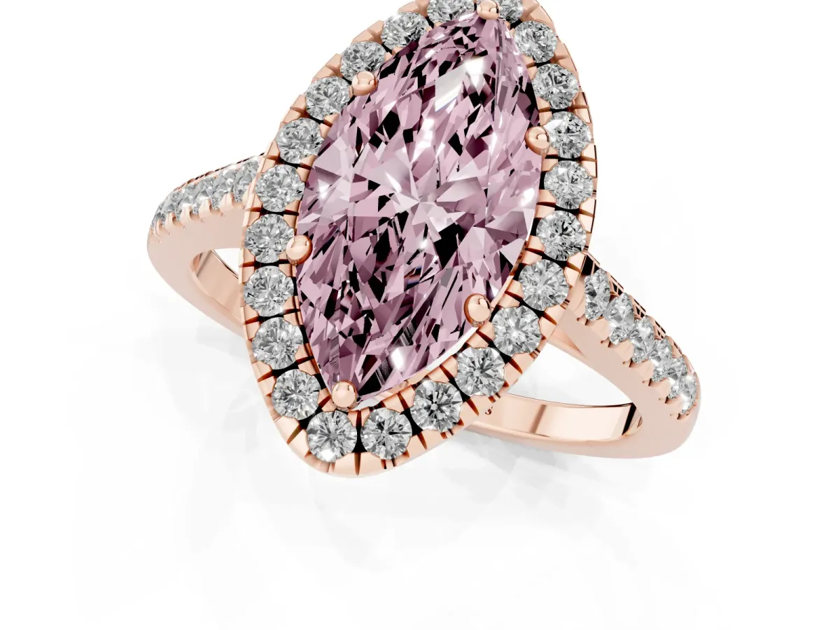 Fancy Pink Marquise Cut Halo Pave Diamond Engagement Ring with Four-Prong Setting Rose gold