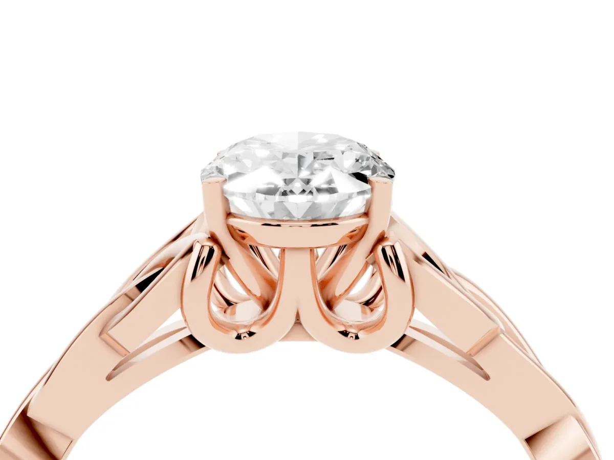 Oval Cut Diamond Solitaire Engagement Ring with Celtic Knot Band and Four-Prong Setting Rose gold