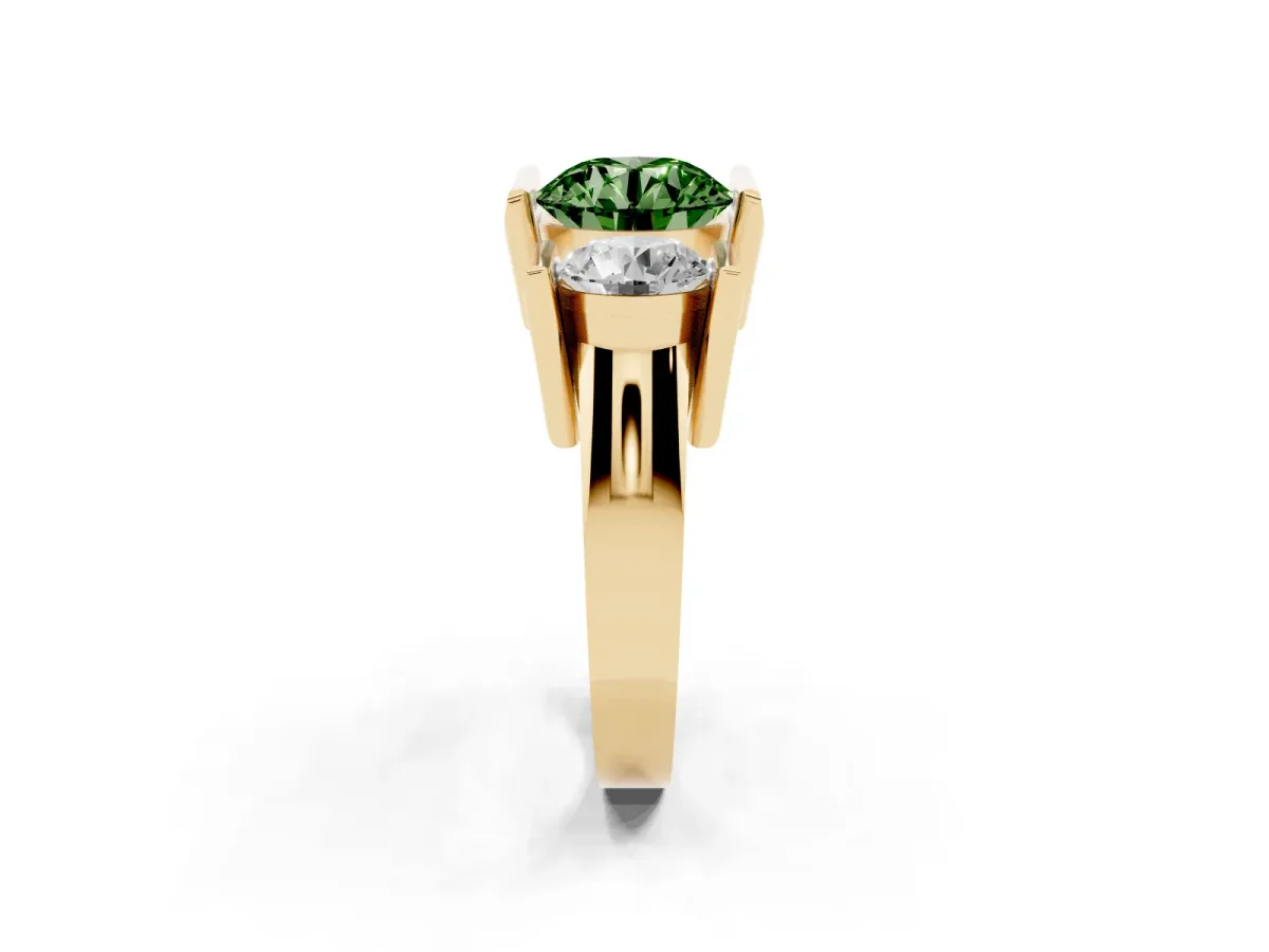 Fancy Green Three Stone Round Cut Cut Channel Set Diamond Ring Yellow gold