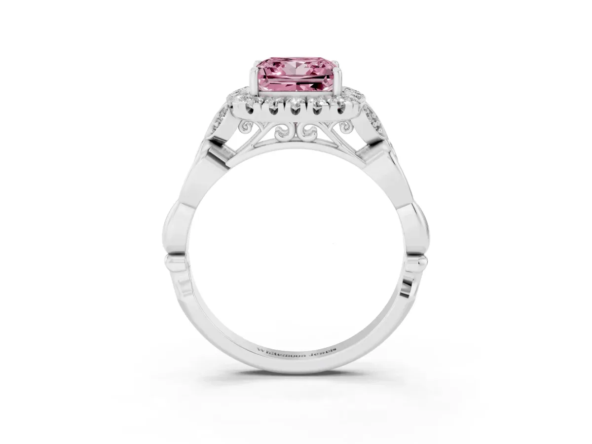 Fancy Pink Princess Cut Halo Diamond Engagement Ring with Vintage-Inspired Band and Four-Prong Setting Silver