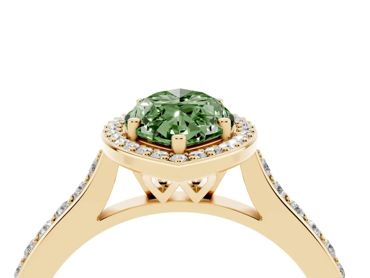 Fancy Green Marquise Cut Diamond Halo Engagement Ring with Round Pavé Shoulders and Prong Setting Yellow gold