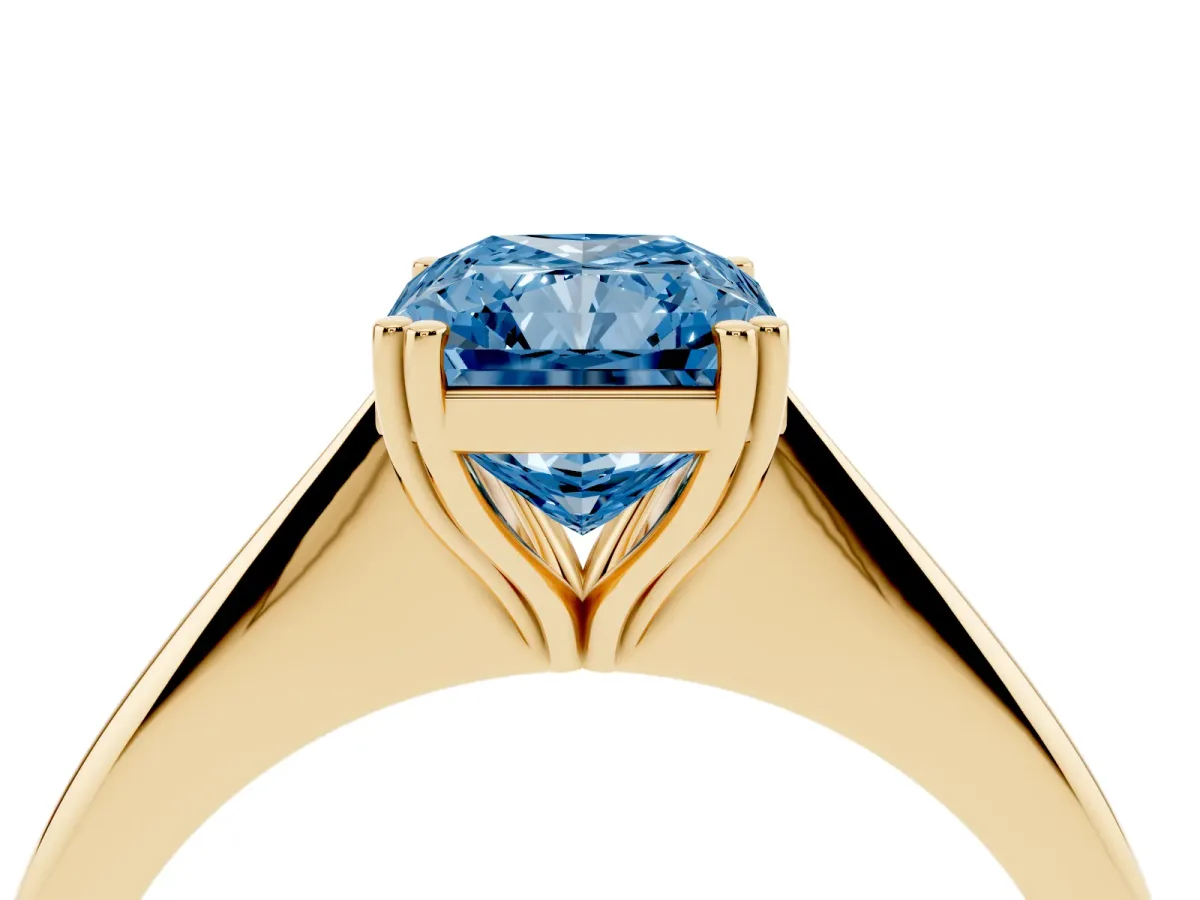 Fancy Blue Radiant Cut Solitaire Diamond Ring with Six-Prong Setting and Classic Band Yellow gold