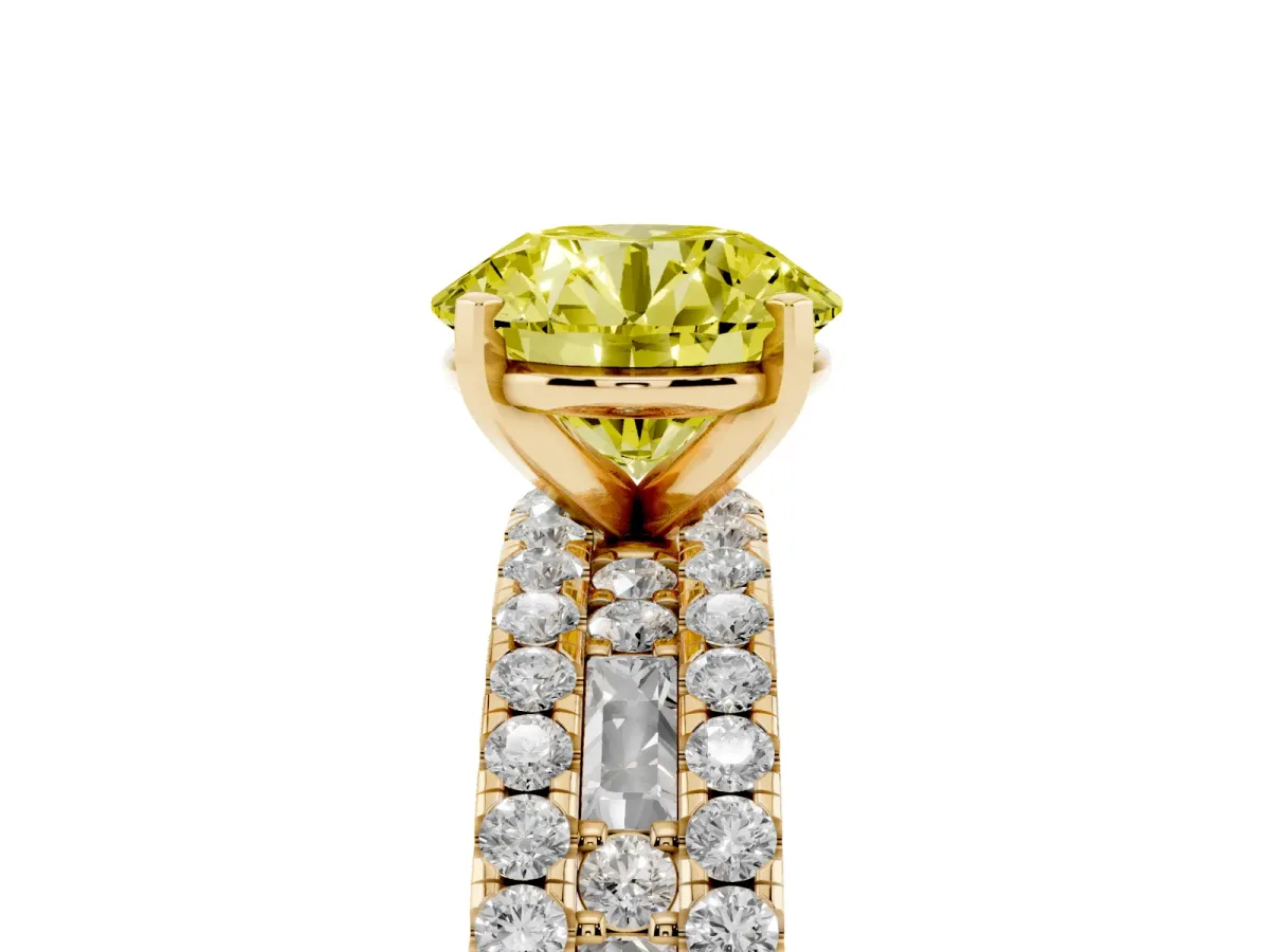 Fancy Yellow Round Cut Diamond Solitaire Ring with Pavé and Channel Set Band Yellow gold
