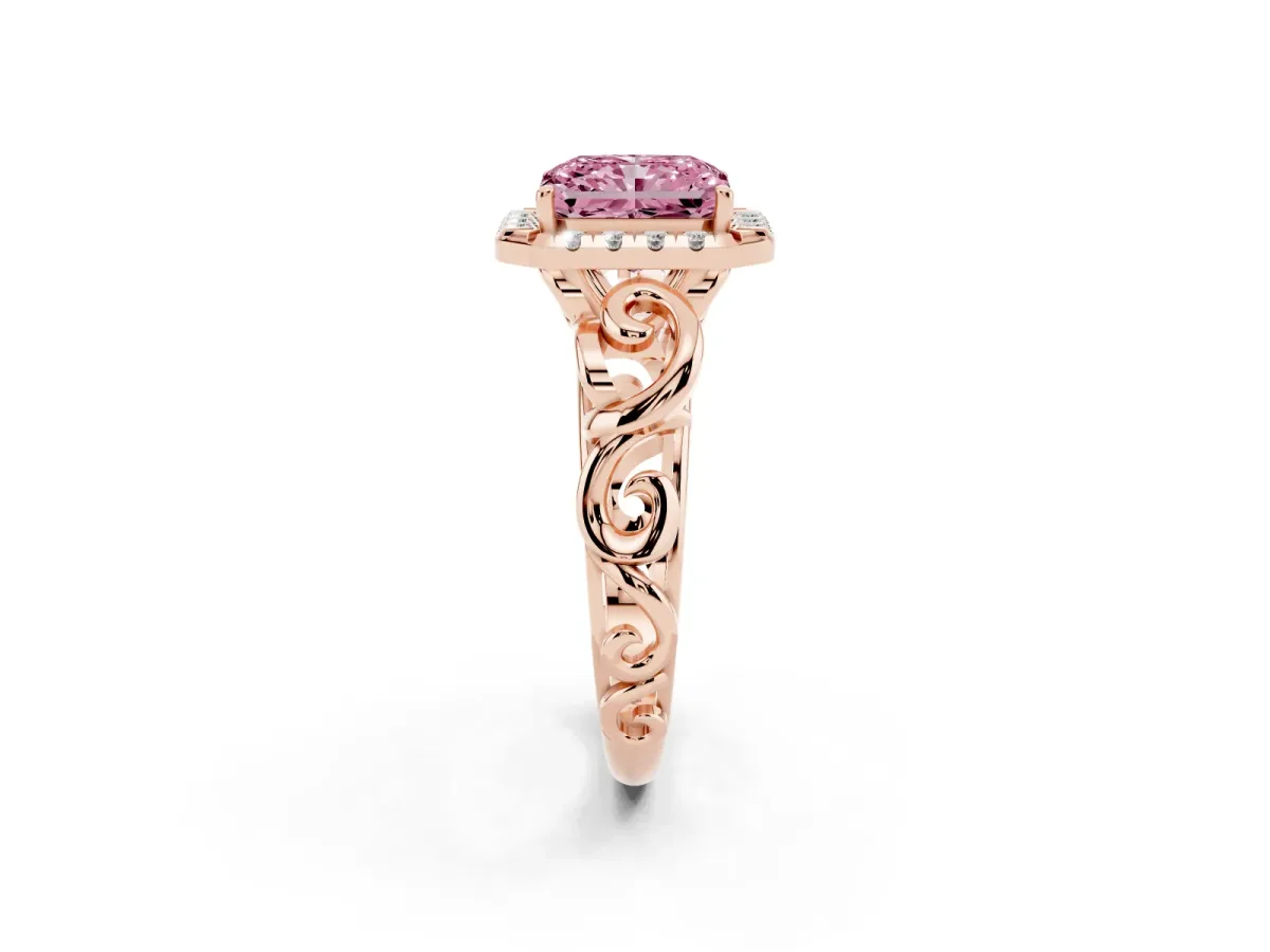 Fancy Pink Radiant Cut Cut Halo Diamond Ring with Scrollwork Band and Four-Prong Setting Rose gold