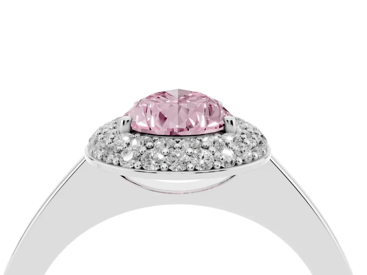 Fancy Pink Pear Cut Halo Diamond Engagement Ring with Solitaire Band and Four-Prong Setting White gold