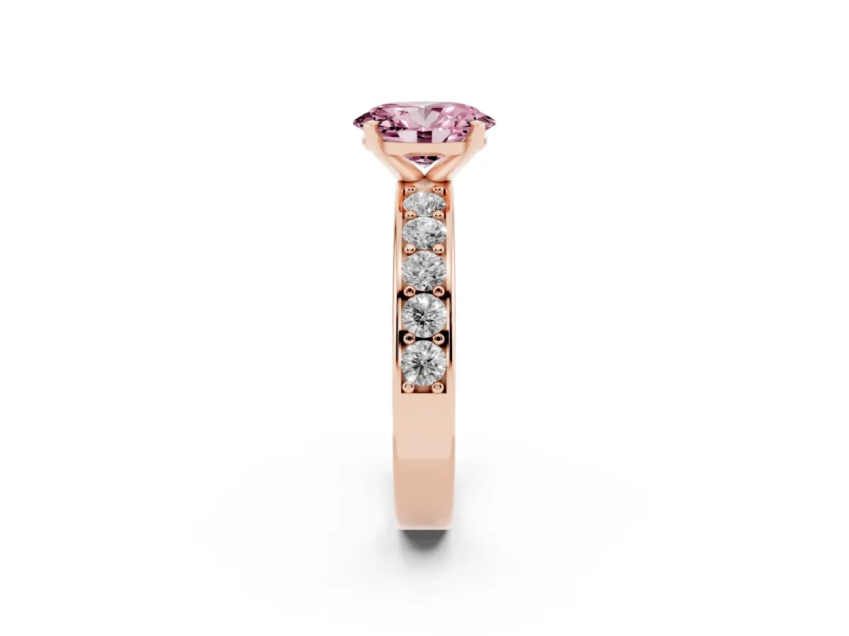 Fancy Pink Oval Cut Diamond Engagement Ring with Channel Set Round Band and Prong Setting Rose gold