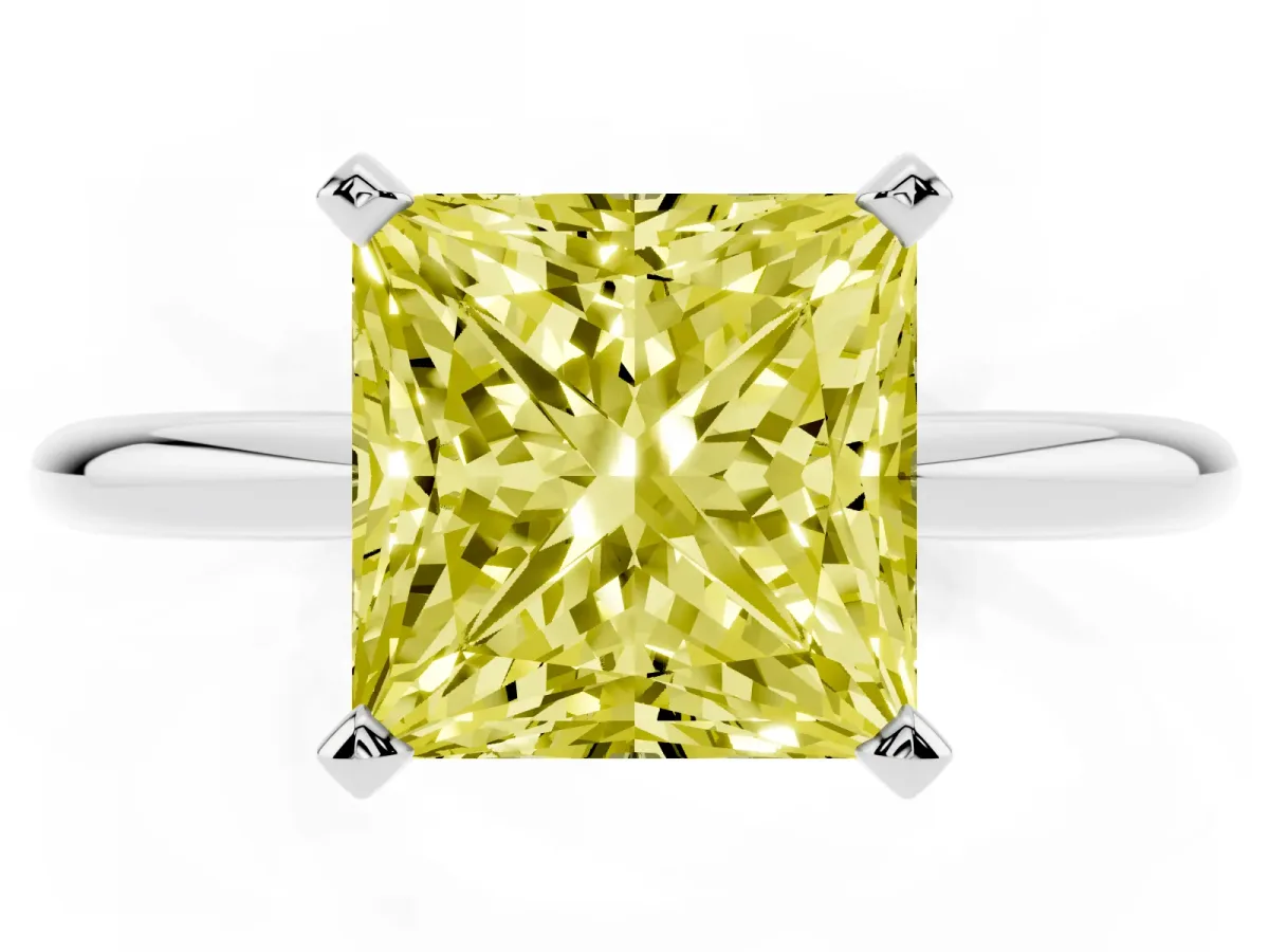 Fancy Yellow Princess Cut Diamond Solitaire Ring with Prong Setting and Classic Band Platinum