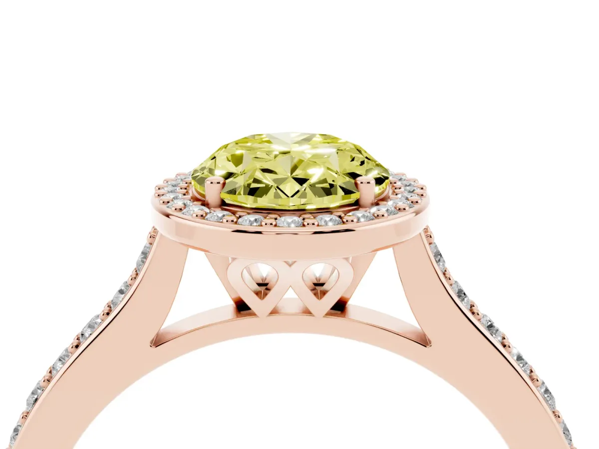 Fancy Yellow Oval Cut Diamond Halo Engagement Ring with Round Pavé Shoulders and Prong Setting Rose gold