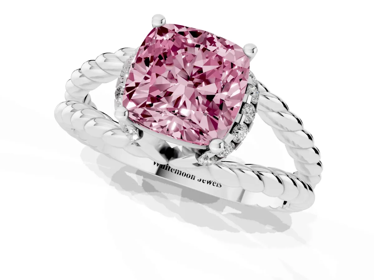 Fancy Pink Cushion Cut Halo Twisted Band Four-Prong Ring Silver