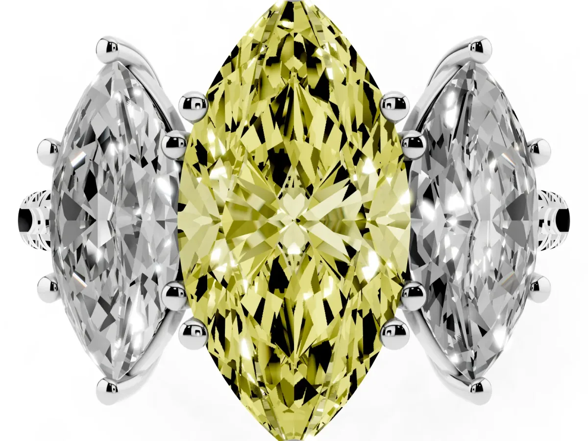 Fancy Yellow Three-Stone Marquise Cut Diamond Ring with Round Pavé Band and Prong Setting Silver