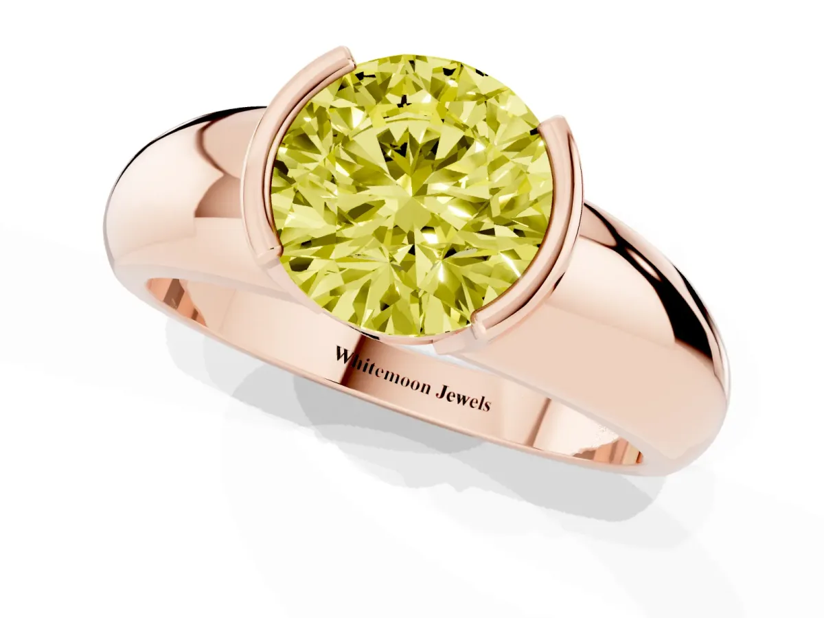 Fancy Yellow Round Cut Solitaire Tension Set Diamond Ring with Wide Band Rose gold