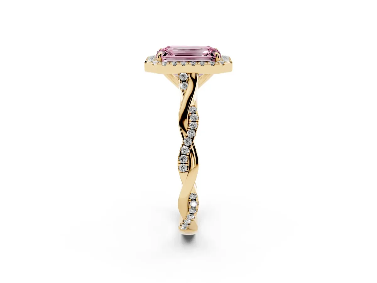 Fancy Pink Emerald Cut Halo Twist Band Solitaire Ring Yellow gold