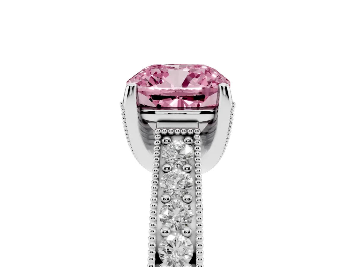 Fancy Pink Cushion Cut Cut Diamond Solitaire Ring with Milgrain Pave Band and Four Prong Setting Platinum