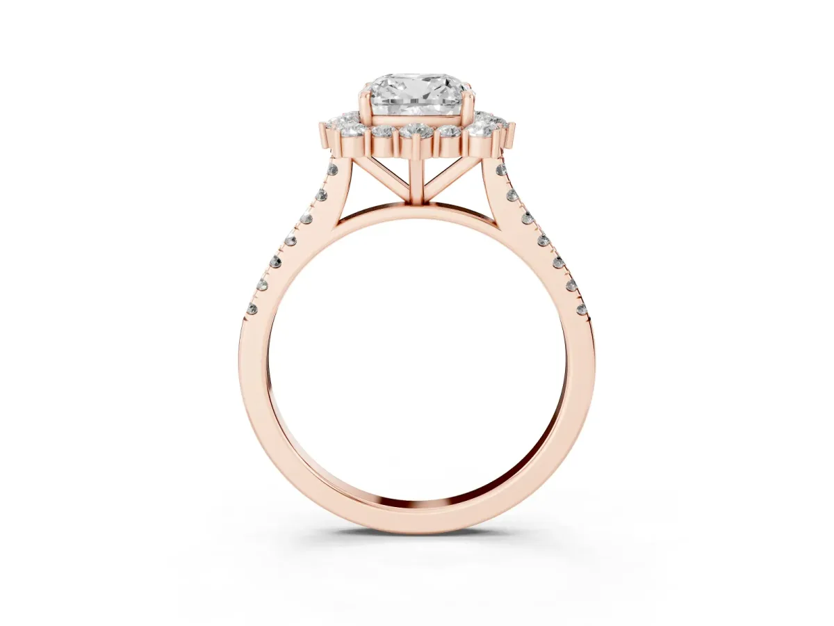 Cushion Cut Halo Diamond Ring with Pavé Band and Prong Setting Rose gold