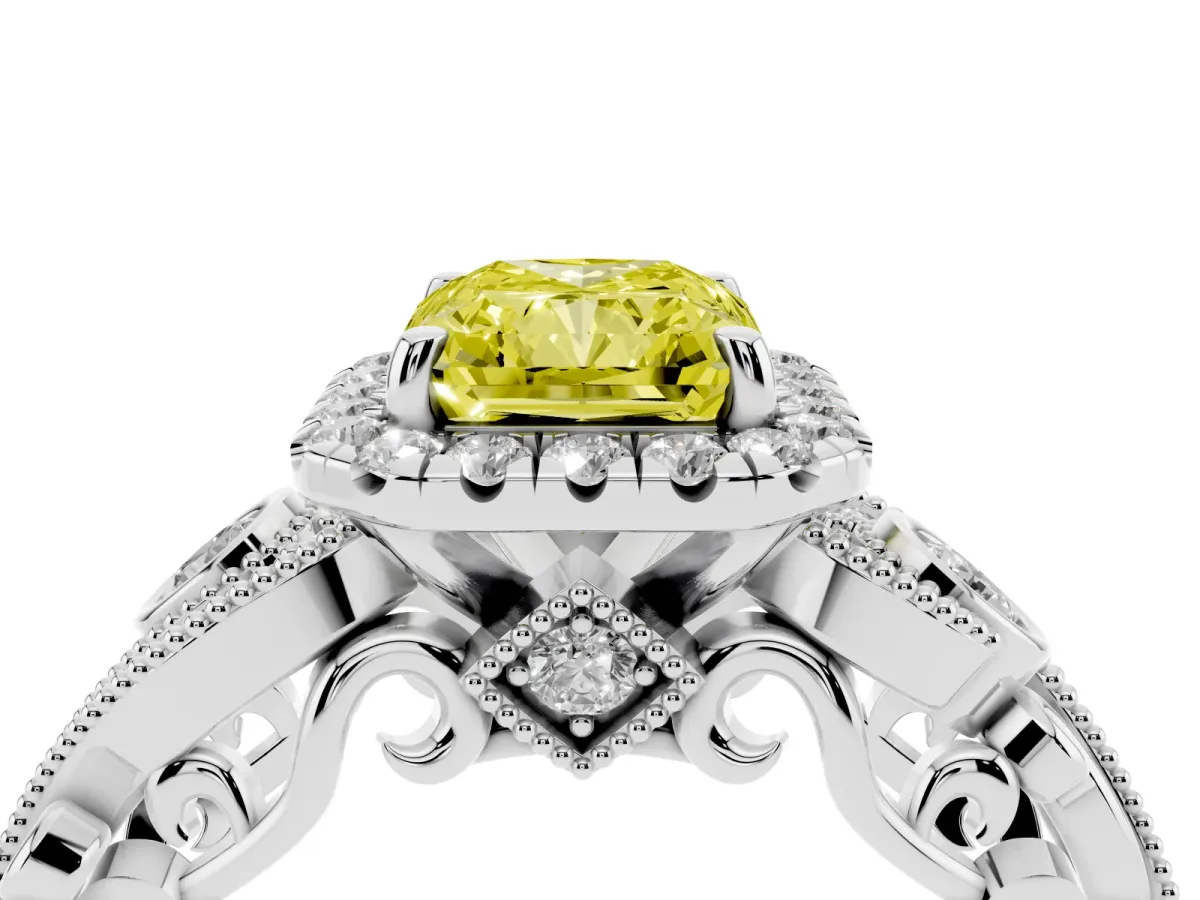 Fancy Yellow Radiant Cut Halo Diamond Ring with Milgrain and Bezel Accents on a Split Shank Band Silver