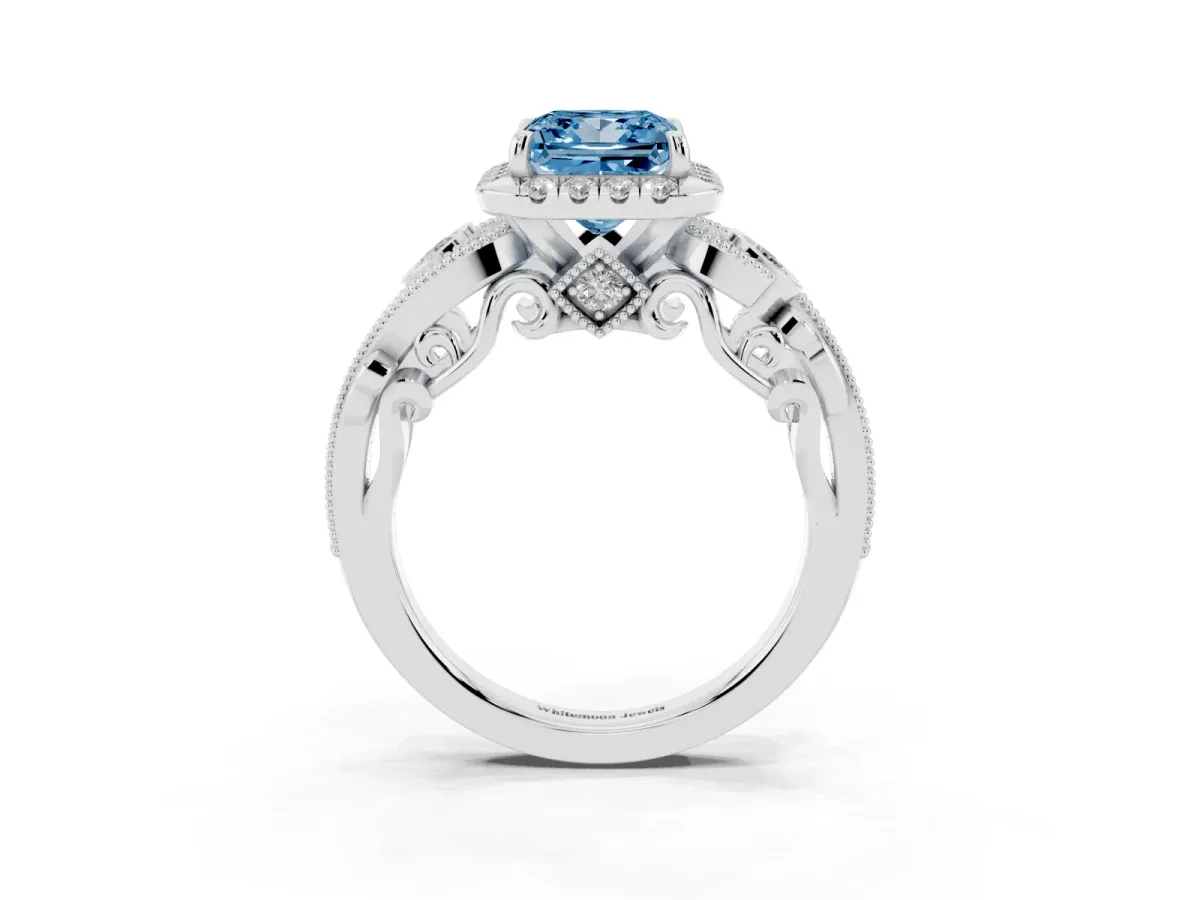 Fancy Blue Princess Cut Diamond Halo Ring with Milgrain Pavé Band and Four-Prong Setting White gold