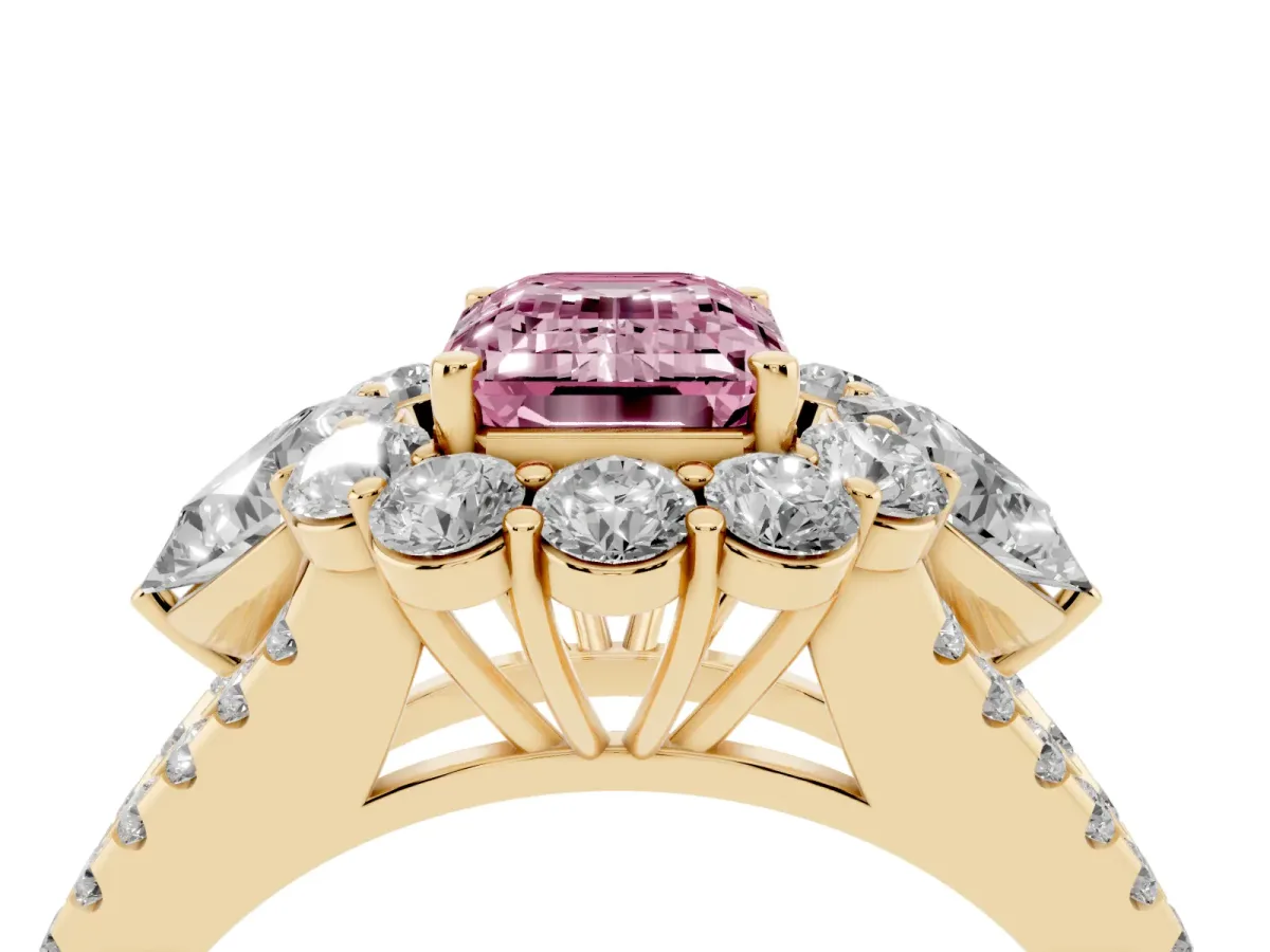 Fancy Pink Emerald Cut Halo Split Shank Diamond Engagement Ring with Prong Setting Yellow gold