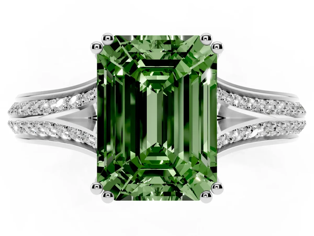 Fancy Green Emerald Cut Diamond Split Shank Engagement Ring with Pavé Band Silver