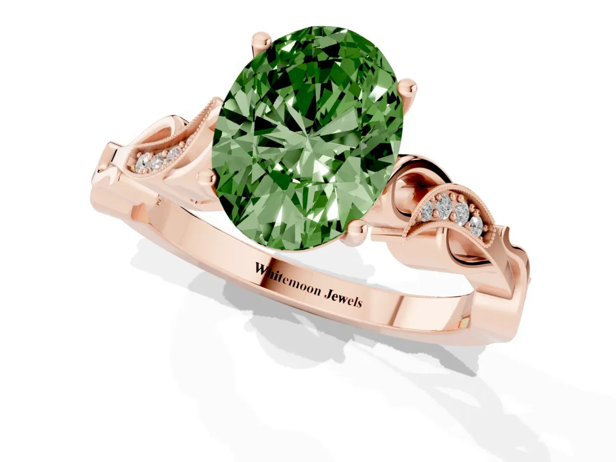 Fancy Green Oval Cut Solitaire Vine Band with Milgrain Prong Setting Rose gold