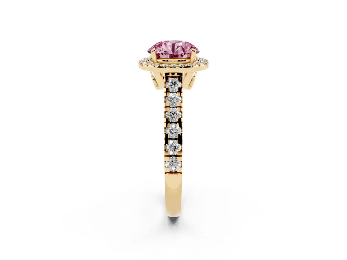 Fancy Pink Round Cut Halo Pavé Diamond Engagement Ring with Four-Prong Setting Yellow gold