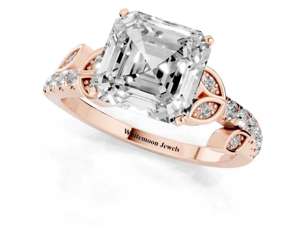 Asscher Cut Solitaire Leaf-Inspired Diamond Ring with Pavé Band and Four-Prong Setting Rose gold