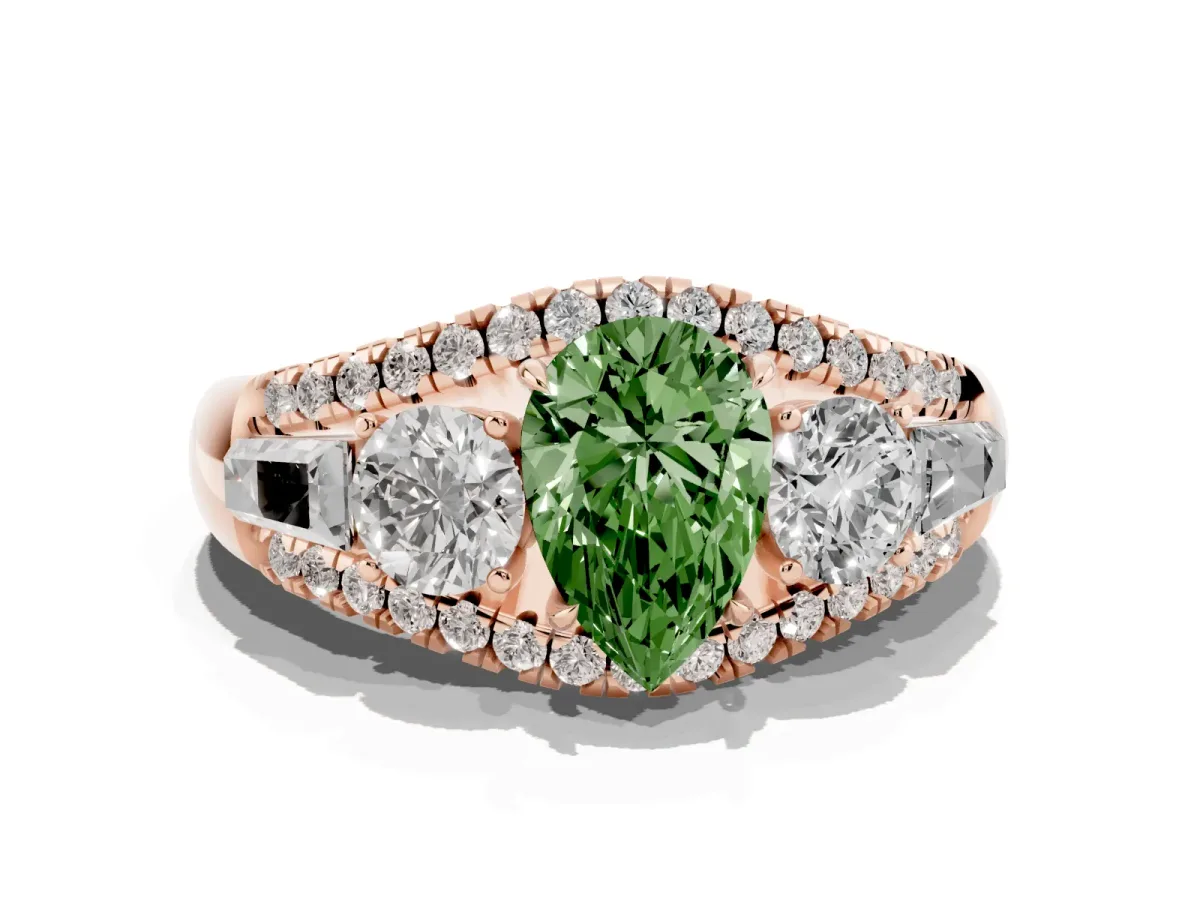 Fancy Green Three-Stone Pear Cut Diamond Engagement Ring with Pave Band and Prong Setting Rose gold