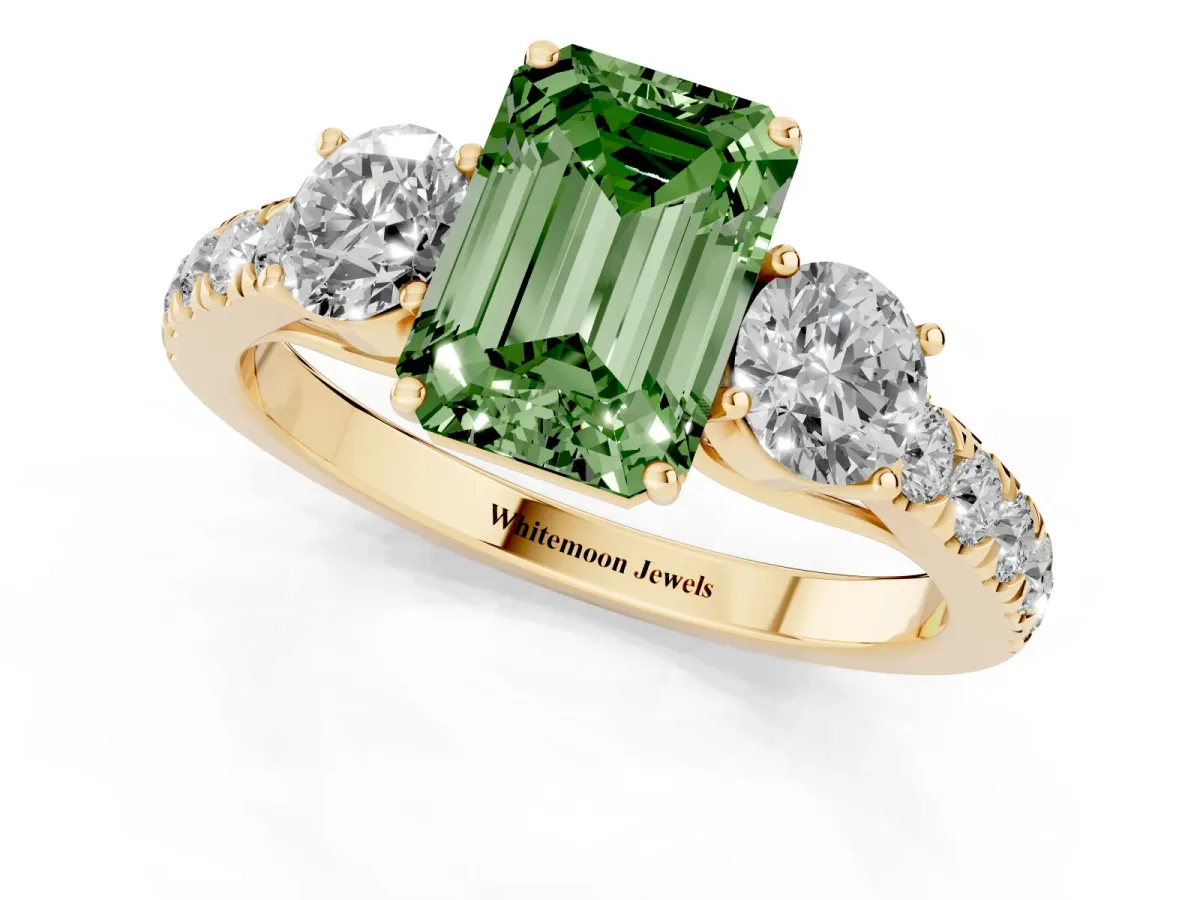 Fancy Green Emerald Cut Cut Diamond Three-Stone Ring with Round Side Stones and Pavé Band Yellow gold