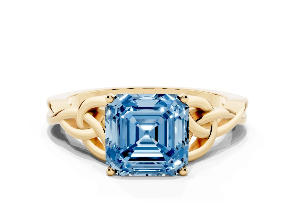 Fancy Blue Asscher Cut Diamond Solitaire Engagement Ring with Celtic Knot Band and Four-Prong Setting Yellow gold