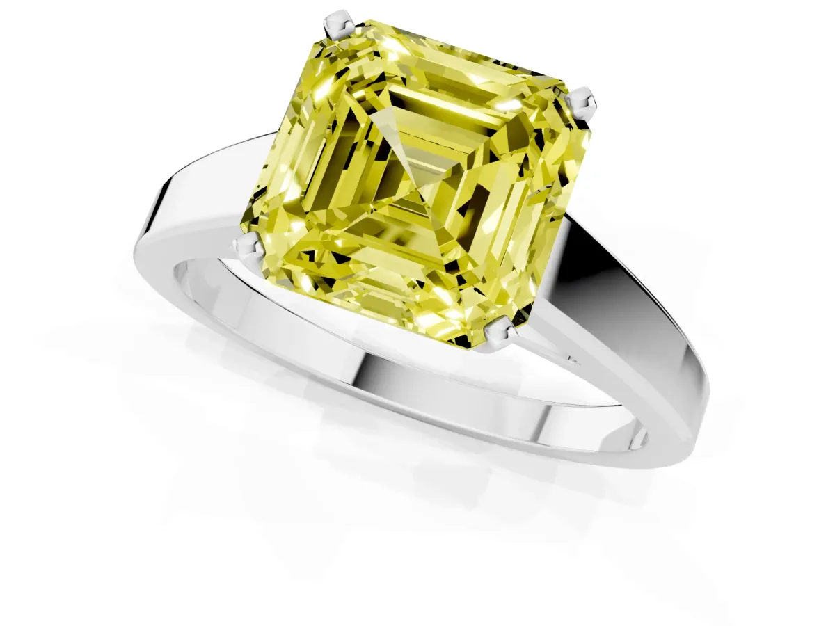 Fancy Yellow Asscher Cut Solitaire Engagement Ring with Four-Prong Setting and Tapered Band Platinum
