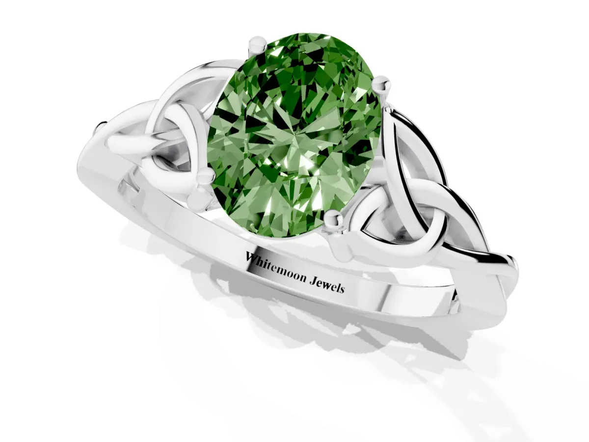 Fancy Green Oval Cut Diamond Solitaire Engagement Ring with Celtic Knot Band and Four-Prong Setting Platinum