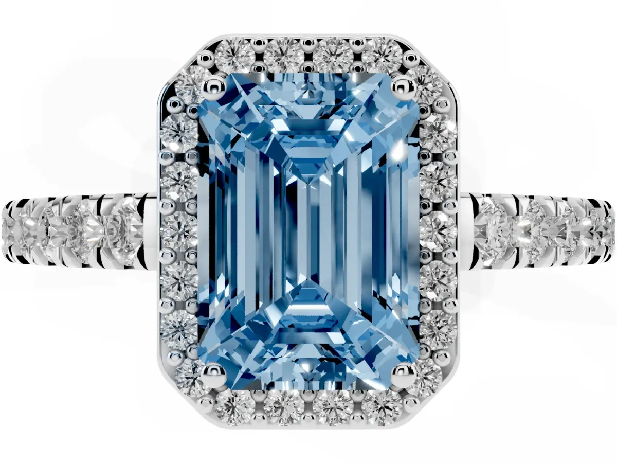 Fancy Blue Emerald Cut Cut Halo Diamond Engagement Ring with Pave Band and Four-Prong Setting White gold