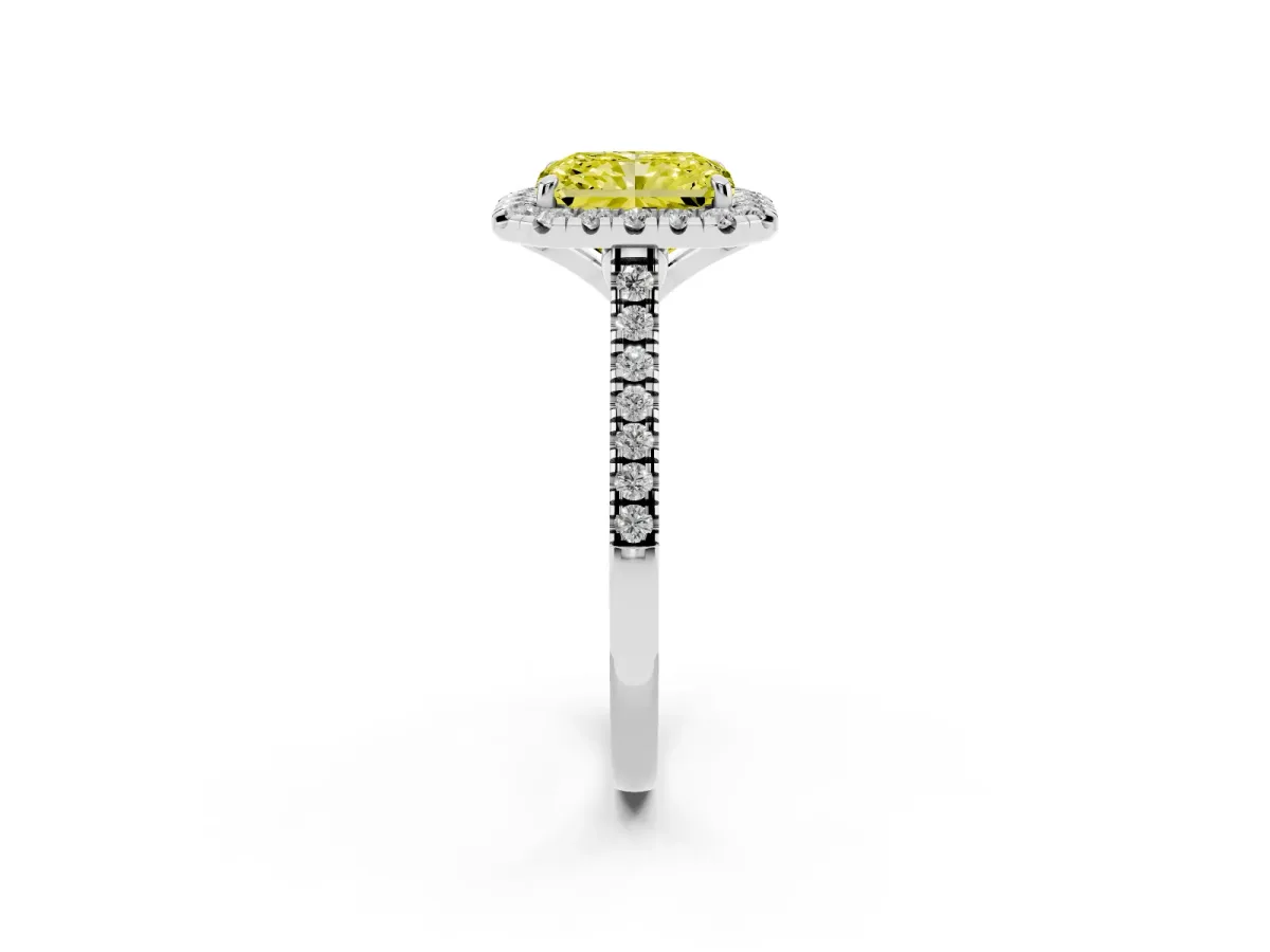 Fancy Yellow Radiant Cut Diamond Cushion Halo Ring with Pavé Band Silver