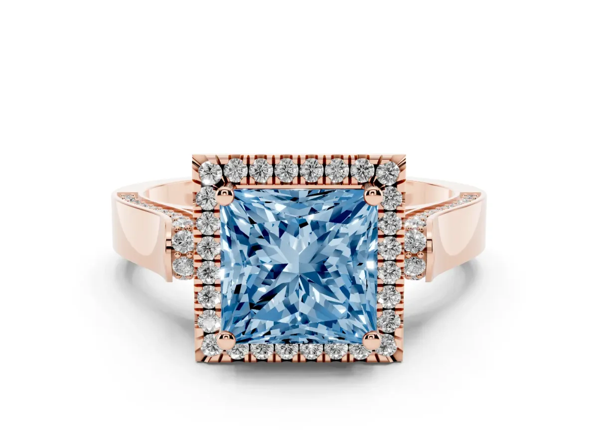 Fancy Blue Princess Cut Halo Round Diamond Twist Band with Four-Prong Setting Rose gold