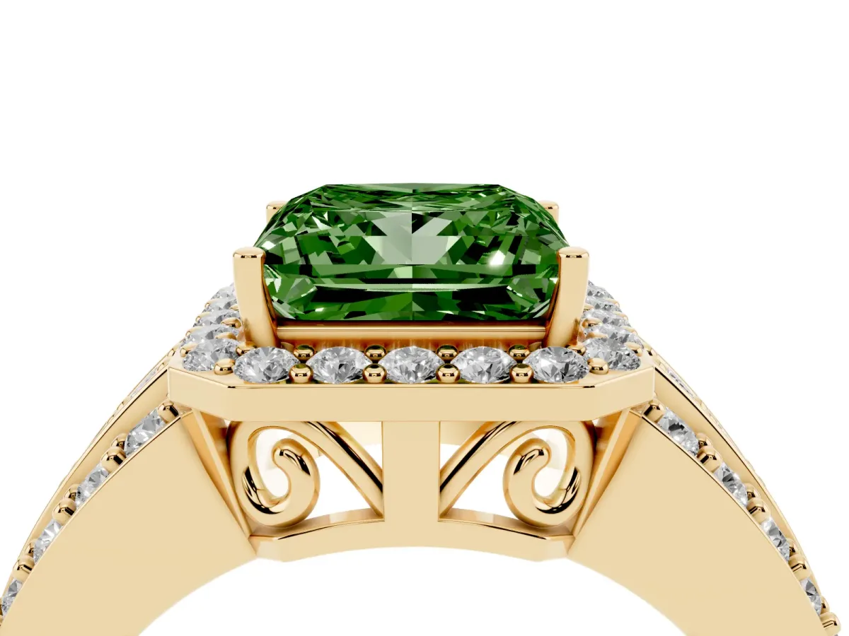 Fancy Green Princess Cut Halo Diamond Ring with Round Split Shank and Prong Setting Yellow gold