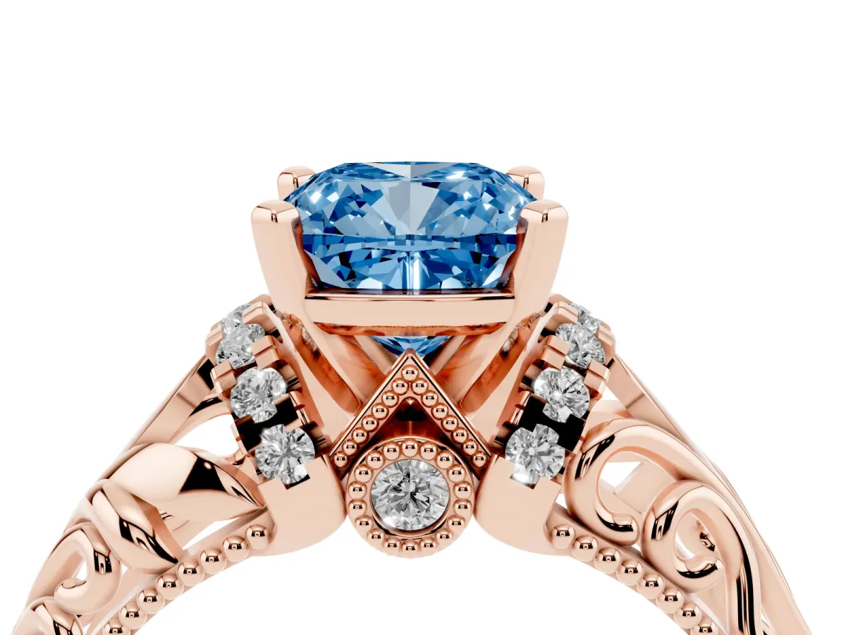Fancy Blue Cushion Cut Solitaire Filigree Engagement Ring with Halo and Prong Setting Rose gold