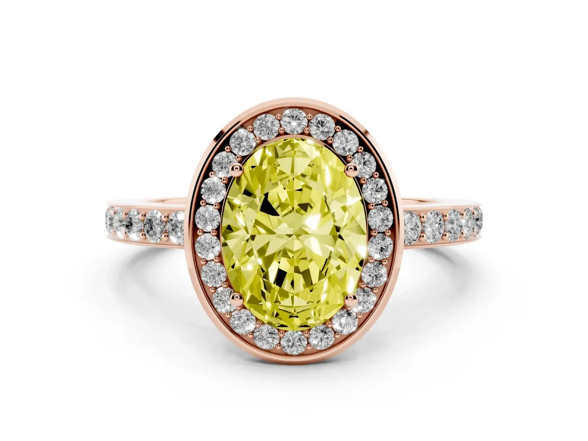 Fancy Yellow Oval Cut Diamond Halo Ring with Bezel Frame and Pavé Band Rose gold
