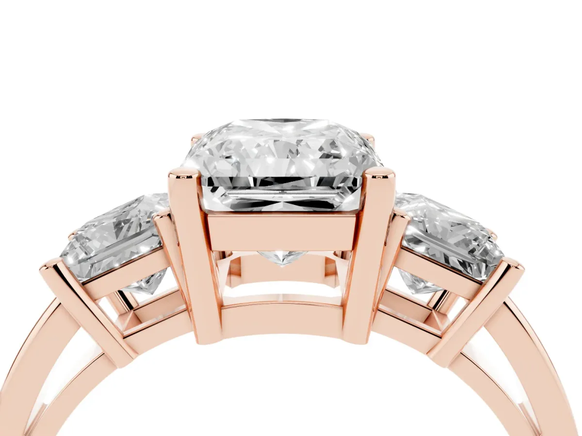 Three-Stone Radiant Cut Cut Solitaire Ring with Prong Setting Rose gold