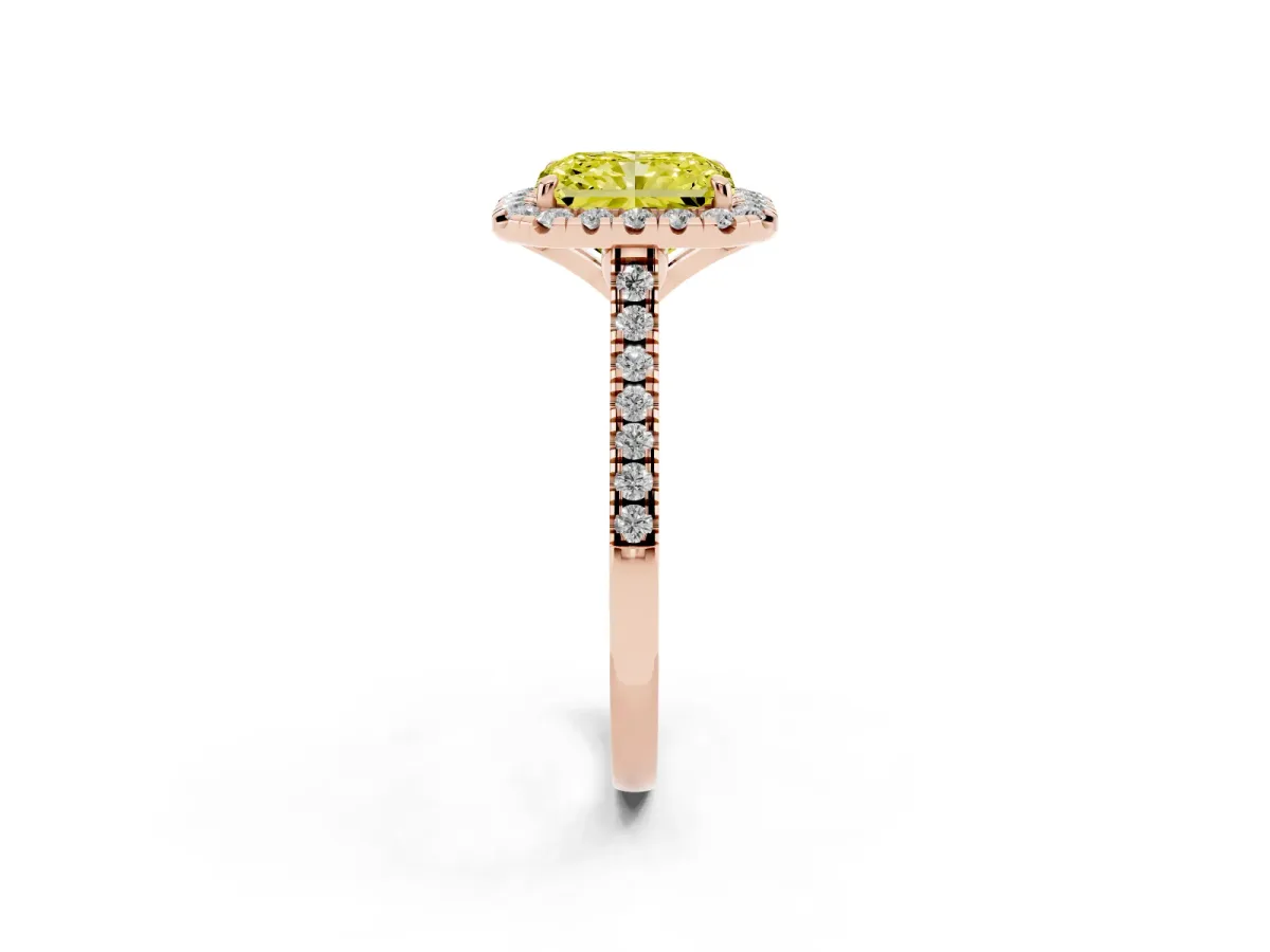 Fancy Yellow Radiant Cut Diamond Cushion Halo Ring with Pavé Band Rose gold