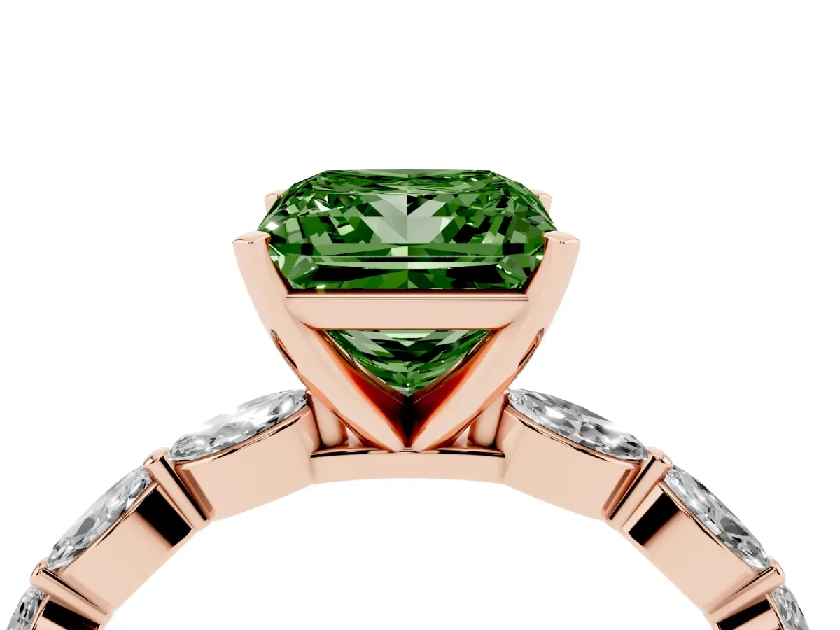 Fancy Green Princess Cut Diamond Ring with Marquise Side Stones and Prong Setting Rose gold