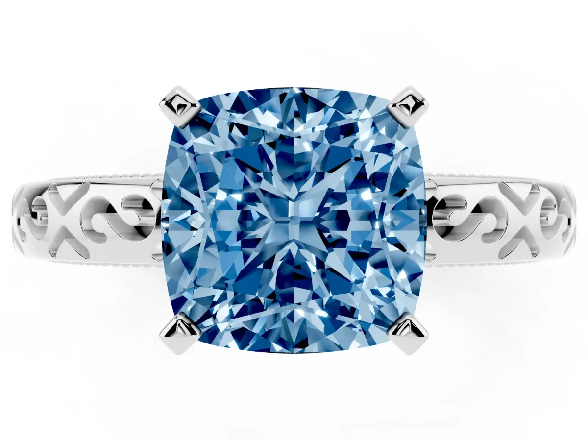 Fancy Blue Cushion Cut Solitaire Engagement Ring with Scrollwork Band and Four-Prong Setting Silver