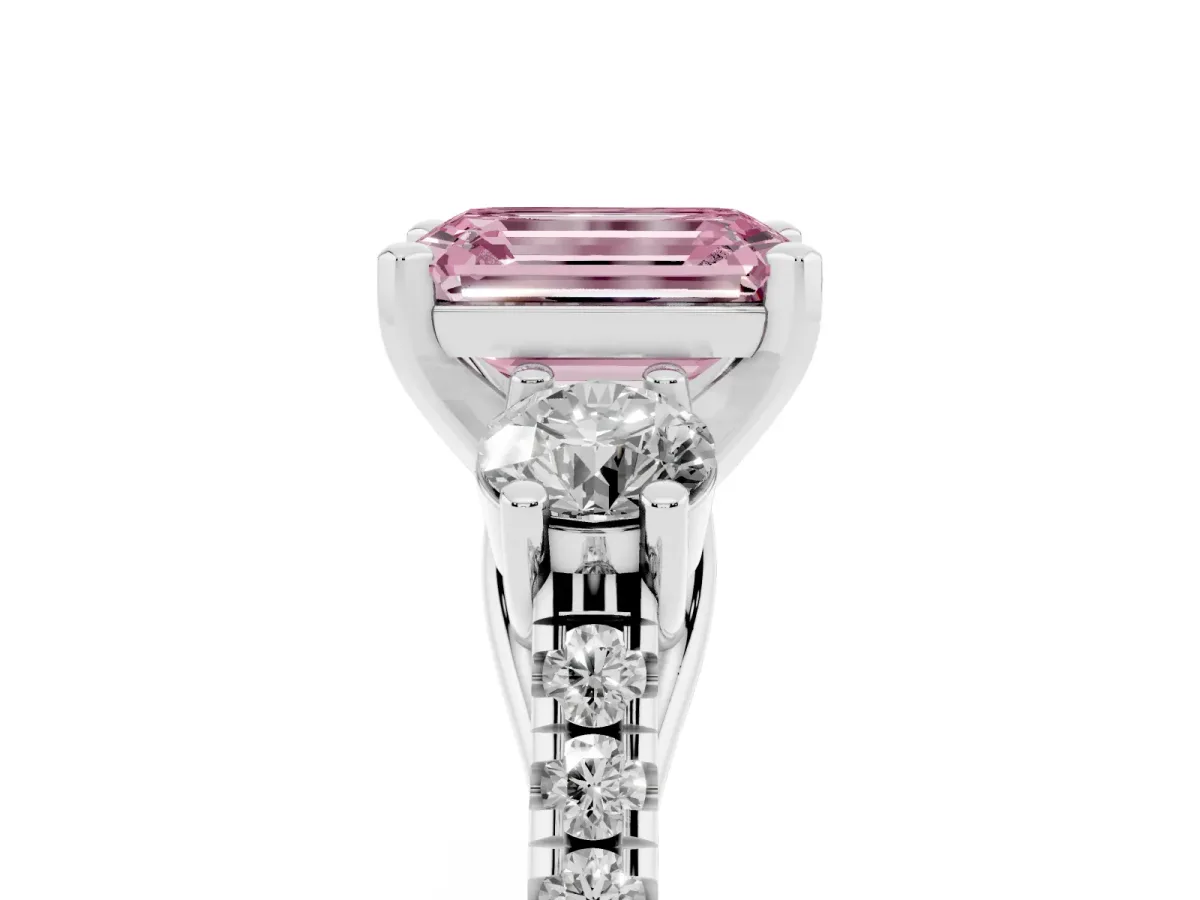 Fancy Pink Three-Stone Emerald Cut Diamond Pavé Band with Four-Prong Setting Platinum