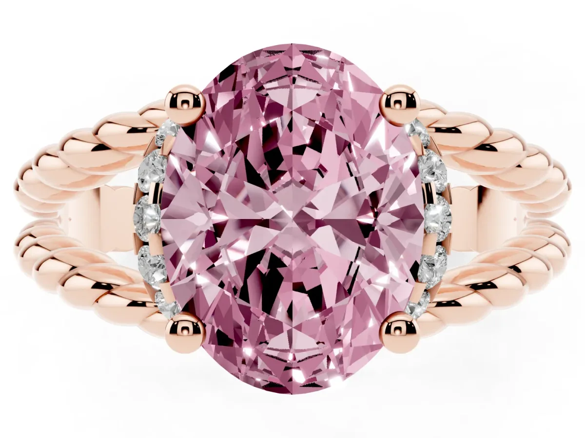 Fancy Pink Oval Cut Halo Twisted Band Four-Prong Ring Rose gold