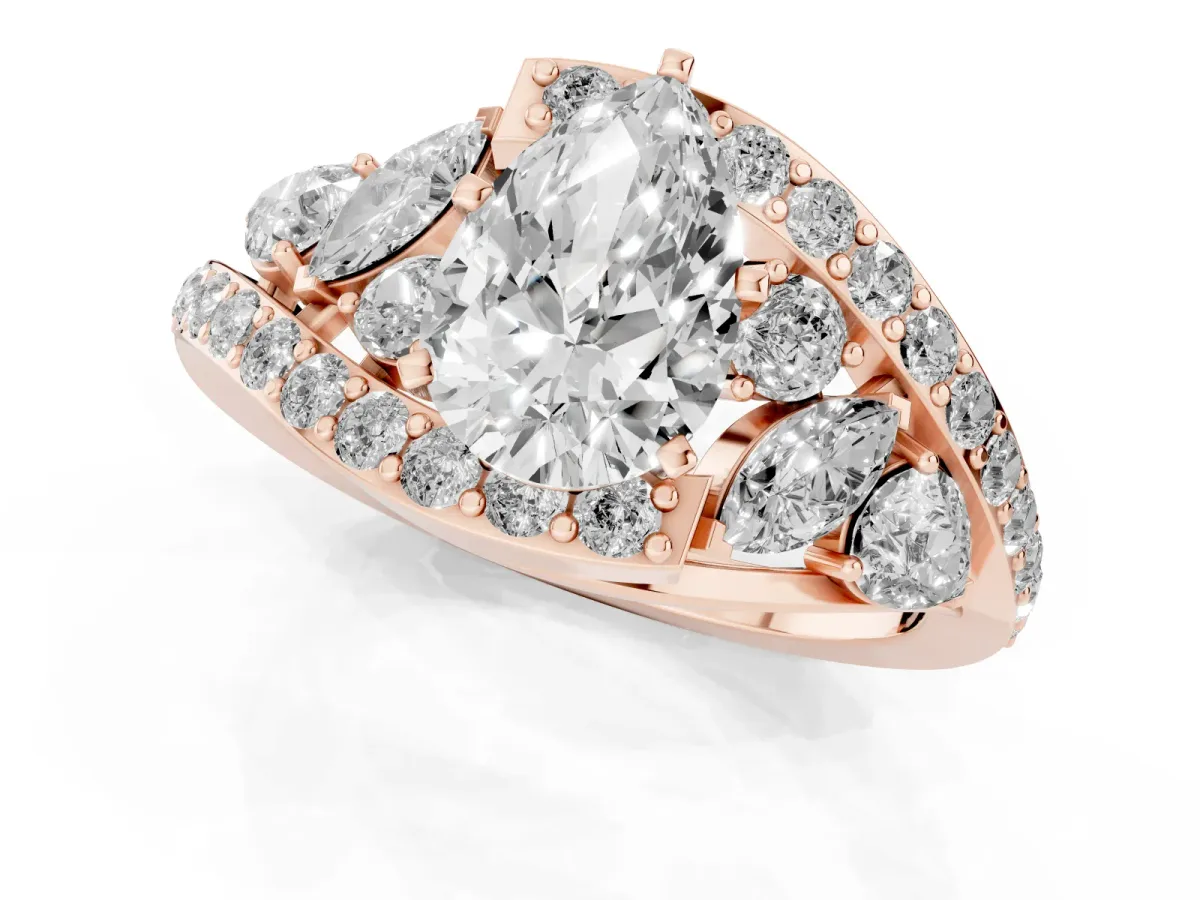 Pear Cut Diamond Halo Ring with Marquise and Pavé Band in Prong Setting Rose gold