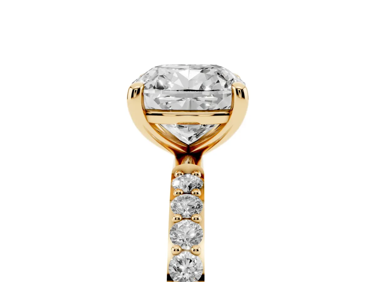 Cushion Cut Diamond Solitaire Ring with Round Pavé Band and Prong Setting Yellow gold