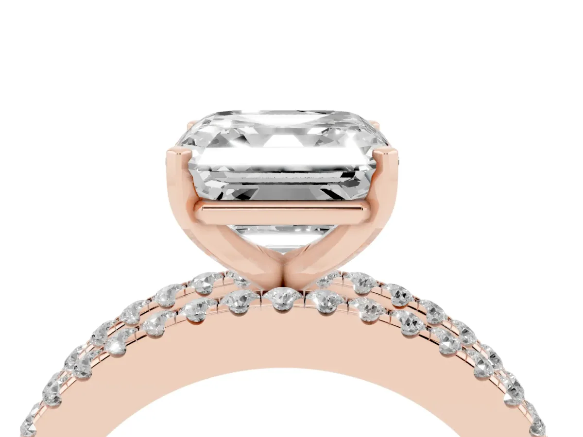 Asscher Cut Diamond Solitaire Ring with Pavé and Channel Set Band Rose gold