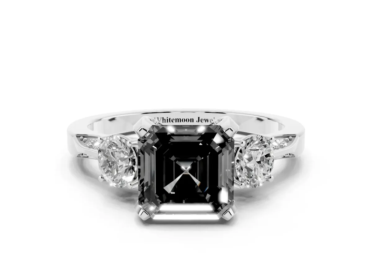 Fancy Black Asscher Cut Brilliant Three-Stone Diamond Ring with Pavé Band and Four-Prong Setting Silver