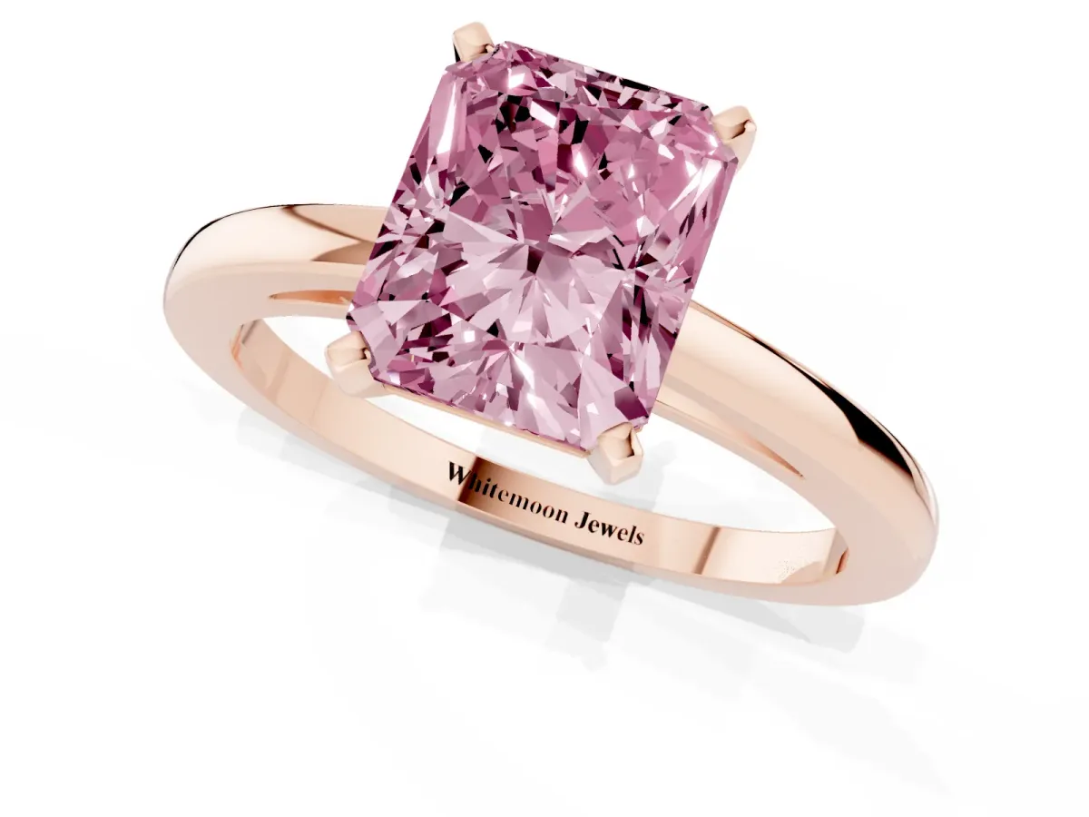 Fancy Pink Radiant Cut Solitaire Diamond Engagement Ring with Four-Prong Setting on a Classic Band Rose gold