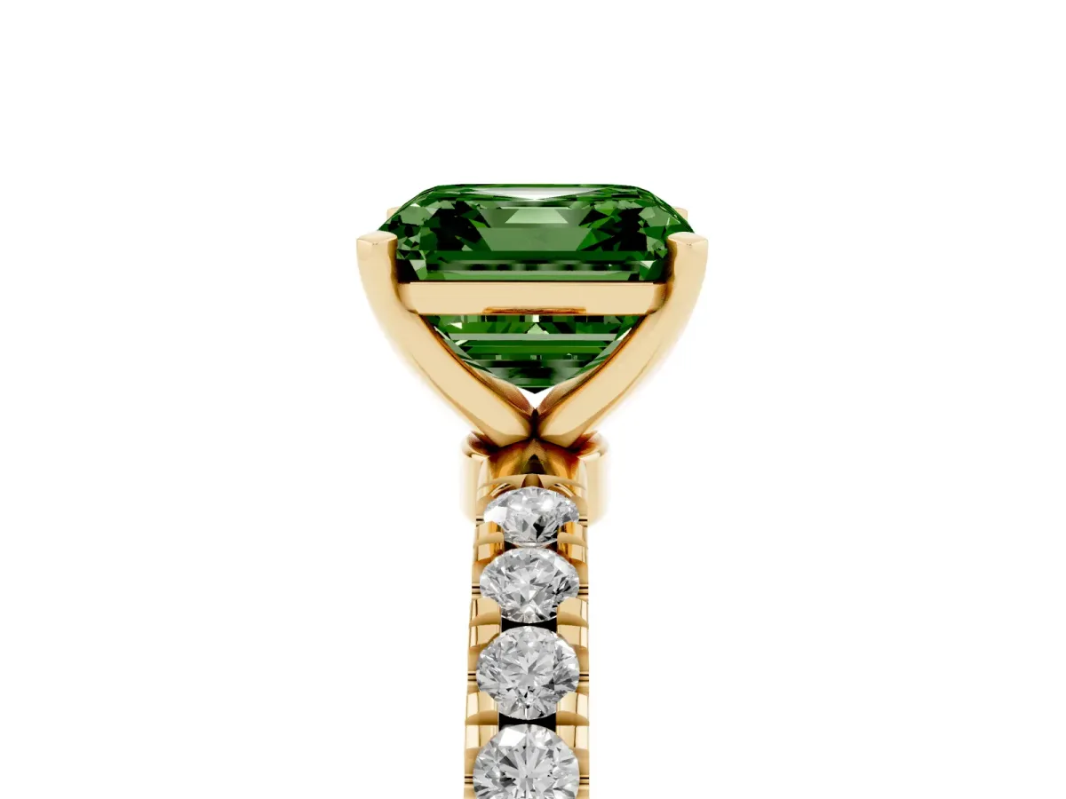 Fancy Green Asscher Cut Diamond Solitaire Ring with Pavé Accents and Four-Prong Setting Yellow gold