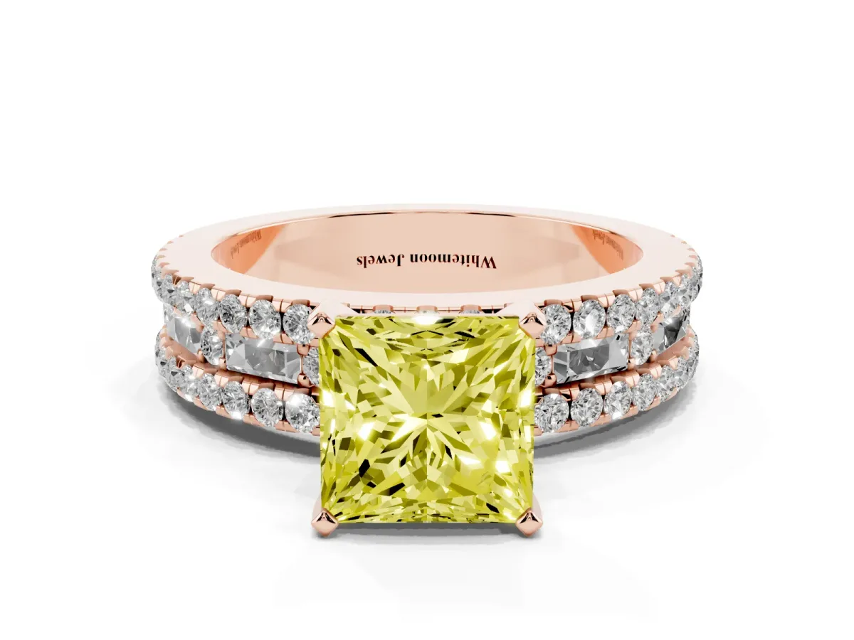 Fancy Yellow Princess Cut Diamond Solitaire Ring with Pavé and Channel Set Band Rose gold